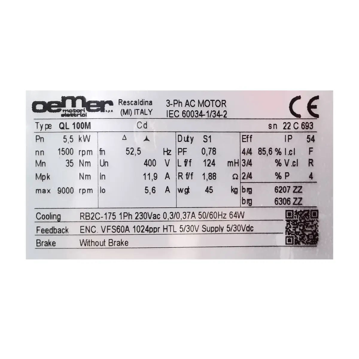 MOTOR OEMER QL 100M 5,5 1500 RPM 400 V 50 HZ